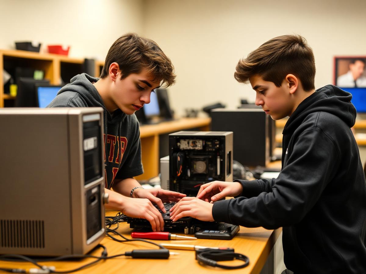 Technology training scene with a young person working at a computer repair bench